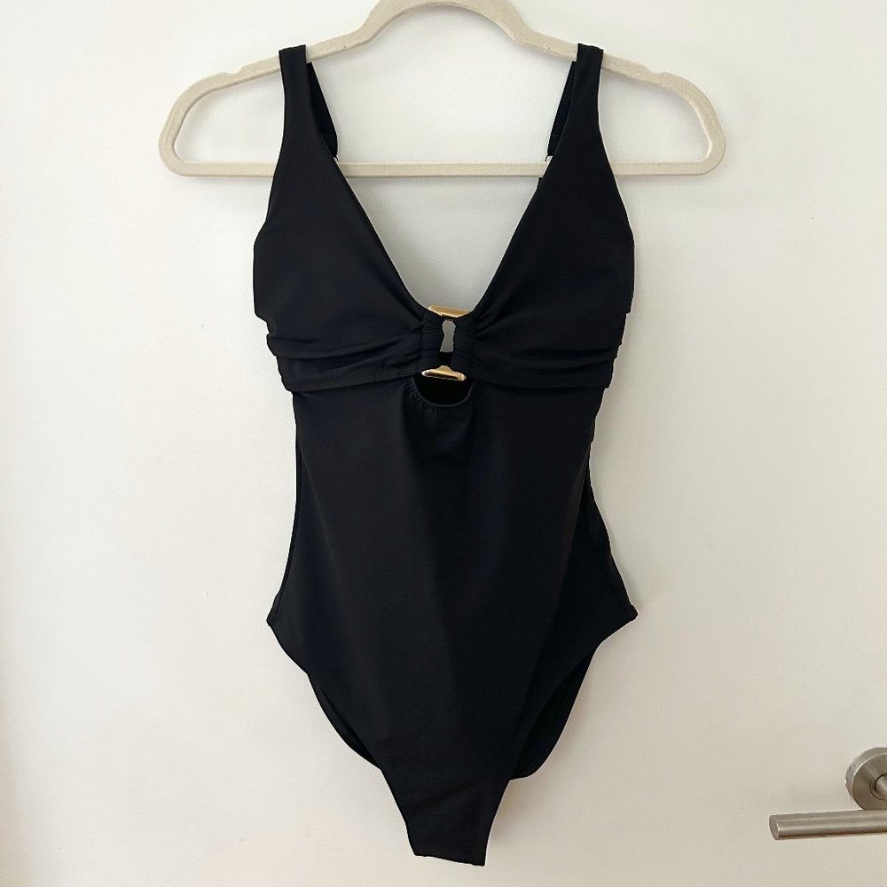 Heidi Klein NWT Black Body V-Neck One-Piece Swimsuit Size SMALL (D-G Cup)